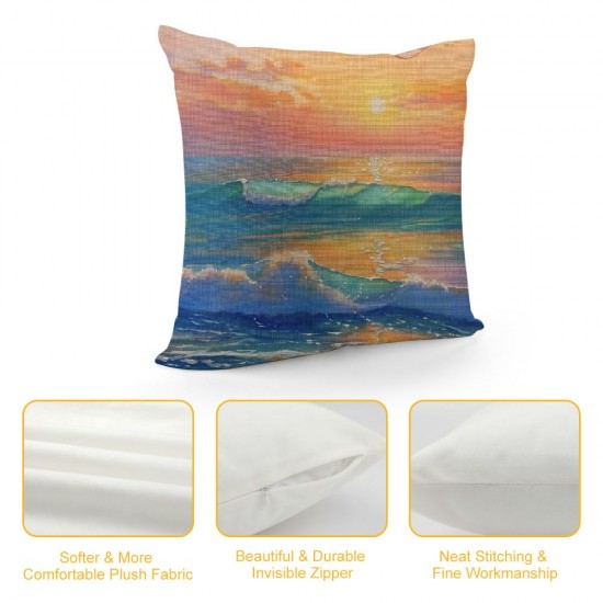 Landscape Blue Waves Beach Sunset Pillowcases Nature Ocean Seaside Oil Painting Pillow Case Decorative Throw Pillow Cover for Home Sofa Office