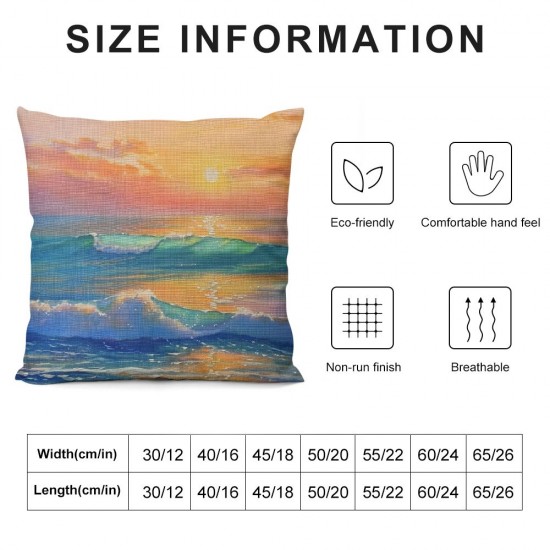 Landscape Blue Waves Beach Sunset Pillowcases Nature Ocean Seaside Oil Painting Pillow Case Decorative Throw Pillow Cover for Home Sofa Office