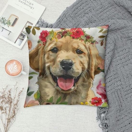 Throw Pillow Covers Dog with Flower Design Square Pillowcase for Home Decor Sofa Car Bedroom Pillow case