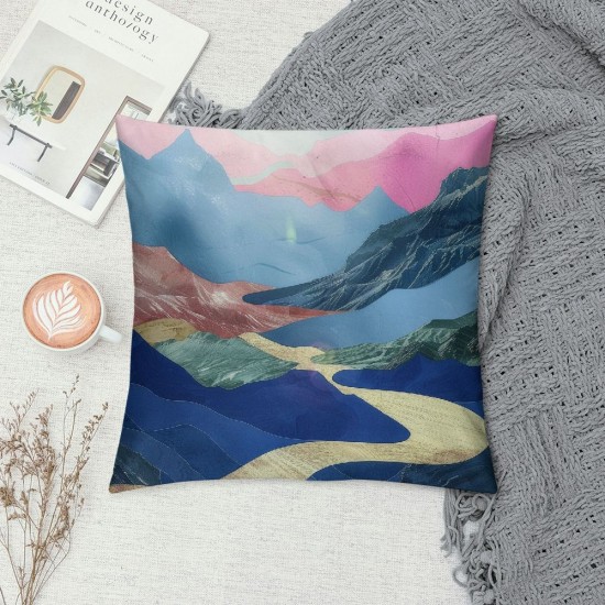 PHYHOO Throw Pillow Covers Aesthetic Landscape Illustration Abstract Mountains and Sun Design Square Pillowcase for Home Decor Sofa Car Bedroom Pillow case