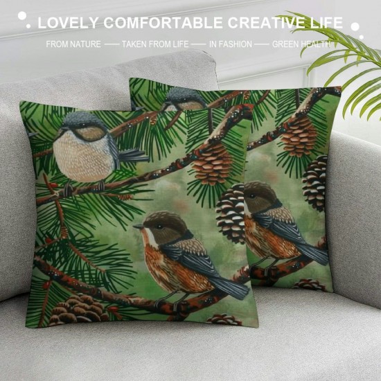 Dense Pine Trees Lovely Birds Throw Pillow Covers Forest Vintage Art Print Square Pillowcases for Home Decor Sofa Car Bedroom Pillow case