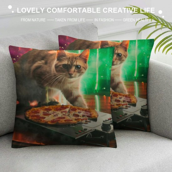 PHYHOO Funny Cat and Pizza in Space Throw Pillow Covers Cute Animal Art Design Pattern Square Pillowcases for Home Decor Sofa Car Bedroom Pillow case