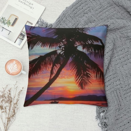 PHYHOO Colorful Sunset Clouds Throw Pillow Covers Tropical Beach Palm Seaside Landscape Art Print Square Pillowcases for Home Decor Sofa Car Bedroom Pillow case