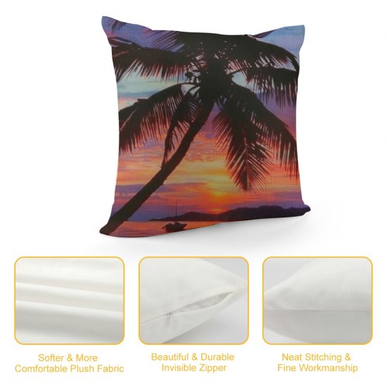 PHYHOO Colorful Sunset Clouds Throw Pillow Covers Tropical Beach Palm Seaside Landscape Art Print Square Pillowcases for Home Decor Sofa Car Bedroom Pillow case