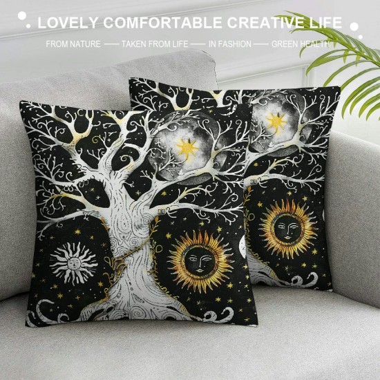 Tree of Life Pillow Covers , Sun And Moon Throw Pillow Covers, Gothic Bohemian Cushion Covers, Trippy Galaxy Stars Decorative Square Pillow Cases Bedroom Decor, White And Black