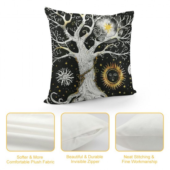 Tree of Life Pillow Covers , Sun And Moon Throw Pillow Covers, Gothic Bohemian Cushion Covers, Trippy Galaxy Stars Decorative Square Pillow Cases Bedroom Decor, White And Black