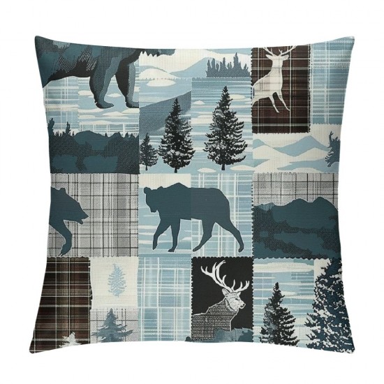 Plaid Bear Throw Pillow Covers, Pillow Covers , Gray Blue Hunting Deer Decorative Pillow Covers, Woodland Lodge Cushion Cases for Bed Couch