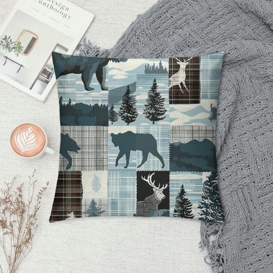 Plaid Bear Throw Pillow Covers, Pillow Covers , Gray Blue Hunting Deer Decorative Pillow Covers, Woodland Lodge Cushion Cases for Bed Couch