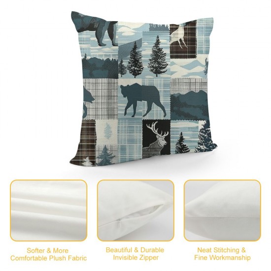 Plaid Bear Throw Pillow Covers, Pillow Covers , Gray Blue Hunting Deer Decorative Pillow Covers, Woodland Lodge Cushion Cases for Bed Couch