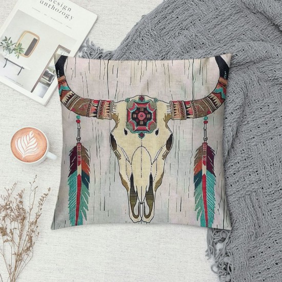 Boho Pillow Covers,Bull Skull Throw Pillow Covers, Cushion Cases,Bohemian Ethnic Decorative Pillow Covers for Living Room Sofa