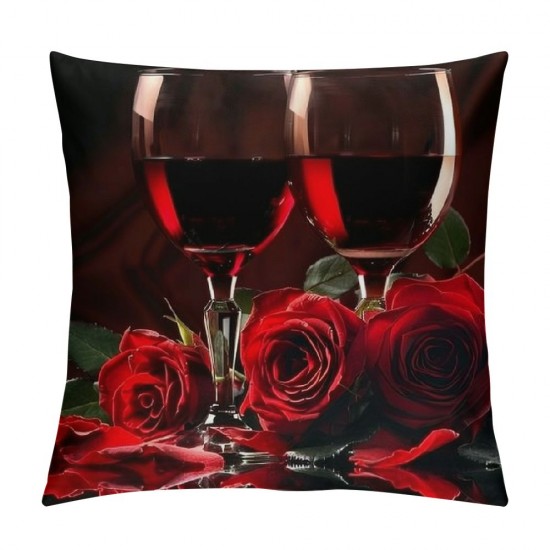 Throw Pillow Covers Red Wine Glass with Red Rose Black Design Square Pillowcase for Home Decor Sofa Car Bedroom Pillow case