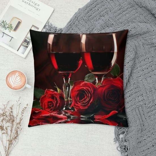 Throw Pillow Covers Red Wine Glass with Red Rose Black Design Square Pillowcase for Home Decor Sofa Car Bedroom Pillow case