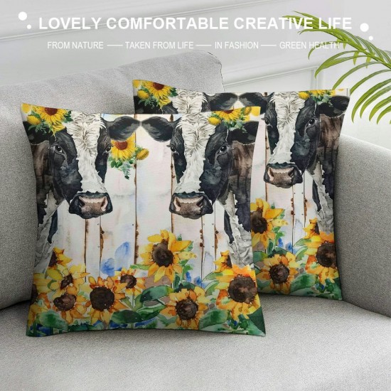 PHYHOO Throw Pillow Covers Watercolor Farm Cow with Daisy Sunflower Square Pillowcase for Home Decor Sofa Car Bedroom Pillow case