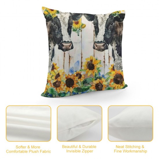 PHYHOO Throw Pillow Covers Watercolor Farm Cow with Daisy Sunflower Square Pillowcase for Home Decor Sofa Car Bedroom Pillow case