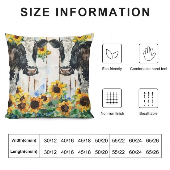 PHYHOO Throw Pillow Covers Watercolor Farm Cow with Daisy Sunflower Square Pillowcase for Home Decor Sofa Car Bedroom Pillow case