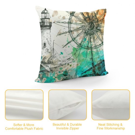 Throw Pillow Covers Nautical Sailboat Compass Ocean Lighthouse Sketch Anchor Seabirds Modern Square Pillowcase for Home Decor Sofa Car Bedroom Pillow case