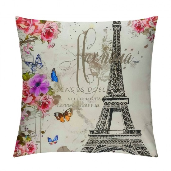 PHYHOO Throw Pillow Covers Vintage Paris Eiffel Tower with Floral Butterfly Square Pillowcase for Home Decor Sofa Car Bedroom Pillow case