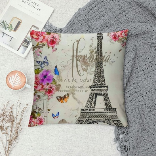 PHYHOO Throw Pillow Covers Vintage Paris Eiffel Tower with Floral Butterfly Square Pillowcase for Home Decor Sofa Car Bedroom Pillow case