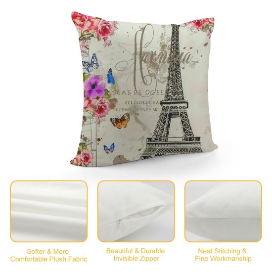 PHYHOO Throw Pillow Covers Vintage Paris Eiffel Tower with Floral Butterfly Square Pillowcase for Home Decor Sofa Car Bedroom Pillow case