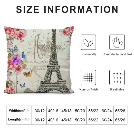 PHYHOO Throw Pillow Covers Vintage Paris Eiffel Tower with Floral Butterfly Square Pillowcase for Home Decor Sofa Car Bedroom Pillow case