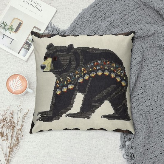 PHYHOO Rustic Bear Throw Pillow Covers for Kids Boys Girls,Hunting Bear Pillow Covers,Western Tribal Aztec Cushion Covers,Geometric Checkered Lattice Square Pillow Cases for Bed