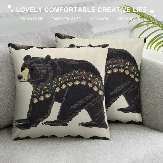 PHYHOO Rustic Bear Throw Pillow Covers for Kids Boys Girls,Hunting Bear Pillow Covers,Western Tribal Aztec Cushion Covers,Geometric Checkered Lattice Square Pillow Cases for Bed