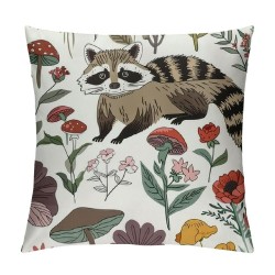 Kids Cute Raccoon Throw Pillow Cover , Animal Theme Pillow Cover,Cartoon Floral Leaves Mushroom Cushion Cover,Farmhouse Plants Decorative Square Pillow Case