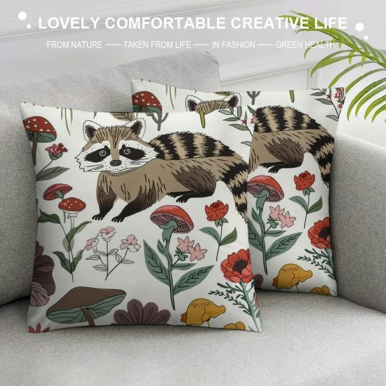 Kids Cute Raccoon Throw Pillow Cover , Animal Theme Pillow Cover,Cartoon Floral Leaves Mushroom Cushion Cover,Farmhouse Plants Decorative Square Pillow Case