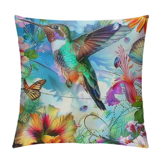 Colorful Ombre hummingbird Cushion Covers For Kids Teens Girls,Butterfly Floral bird Throw Pillow Covers,Spring Green Pillow Covers,Nature Rustic Wildlife Animal Decorative Pillow Covers