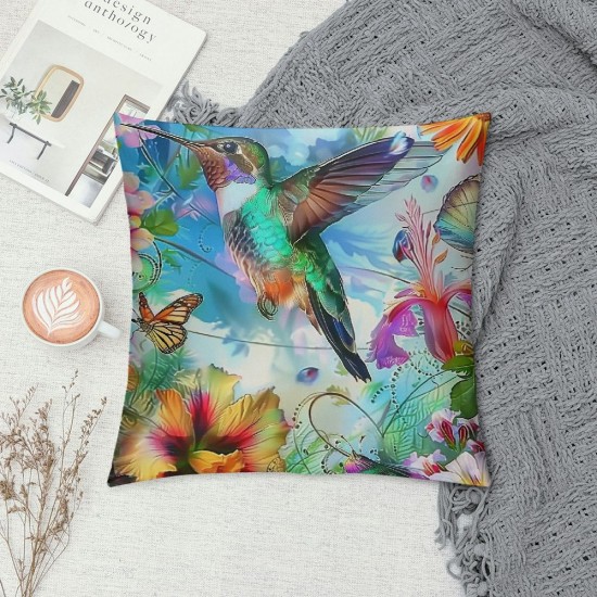 Colorful Ombre hummingbird Cushion Covers For Kids Teens Girls,Butterfly Floral bird Throw Pillow Covers,Spring Green Pillow Covers,Nature Rustic Wildlife Animal Decorative Pillow Covers