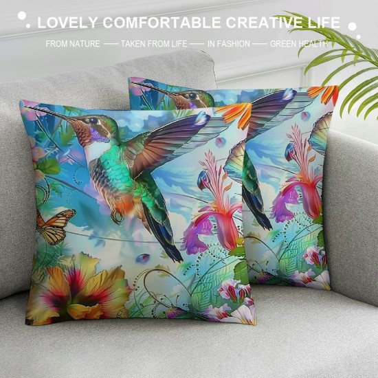 Colorful Ombre hummingbird Cushion Covers For Kids Teens Girls,Butterfly Floral bird Throw Pillow Covers,Spring Green Pillow Covers,Nature Rustic Wildlife Animal Decorative Pillow Covers