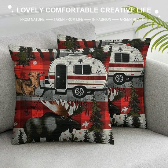 Camping Throw Pillow Covers for Kids Adult,Red Grey Buffalo Plaid Check Pillow Covers,Vintage Elk Cushion Covers, Decorative Pillow Covers