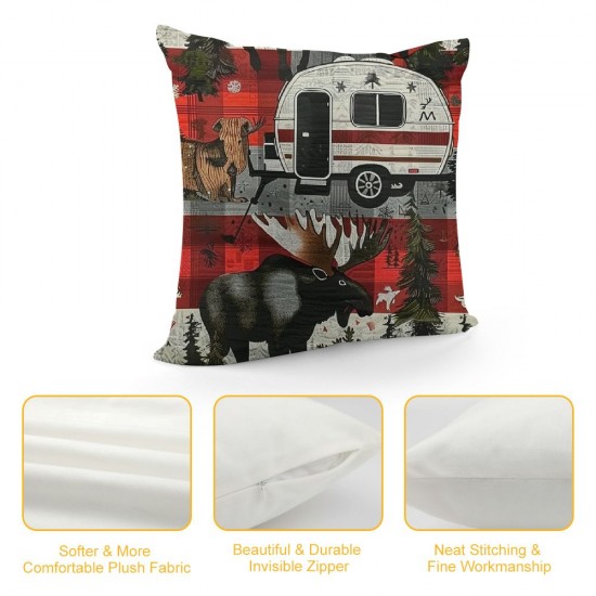 Camping Throw Pillow Covers for Kids Adult,Red Grey Buffalo Plaid Check Pillow Covers,Vintage Elk Cushion Covers, Decorative Pillow Covers