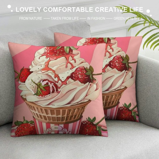 Throw Pillow Cover ,Sweet Pillow Cover Summer Cool Theme Cushion Cover Cartoon Strawberry Print Decorative Pillow Cover