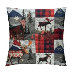 Camping Throw Pillow Covers for Kids Adult,Red Grey Buffalo Plaid Check Pillow Covers ,Vintage Elk Cushion Covers, Decorative Pillow Covers