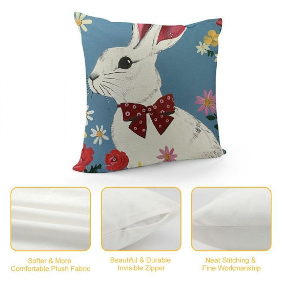 Bunny Throw Pillow Covers ,Easter Rabbit Pillow Covers for Kids,Cute Pet Animals Cushion Covers,Spring Floral Soft Decorative Square Pillow Cases Bedroom Decor,Blue