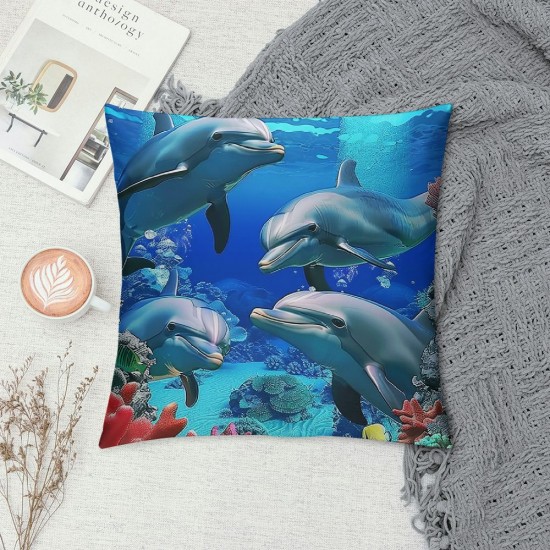 Cute Dolphin Pillow Covers ,Seashell Starfish Throw Pillow Covers,Ocean Sea Animal Cushion Covers,Underwater World Theme Decorative Accent Pillow Cases for Kids Teens,Blue