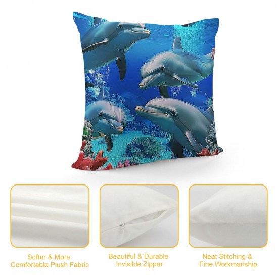 Cute Dolphin Pillow Covers ,Seashell Starfish Throw Pillow Covers,Ocean Sea Animal Cushion Covers,Underwater World Theme Decorative Accent Pillow Cases for Kids Teens,Blue