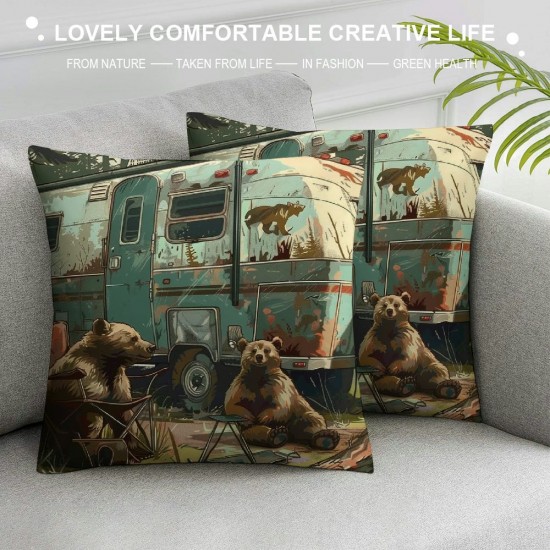 Happy Camping Throw Pillow Covers ,Bear Hunting Themed Pillow Covers,Camper Car Cushion Covers,Woodland Adventure Decorative Pillow Covers for Sofa Bed Couch,Green