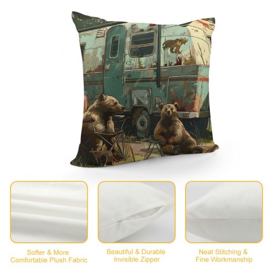 Happy Camping Throw Pillow Covers ,Bear Hunting Themed Pillow Covers,Camper Car Cushion Covers,Woodland Adventure Decorative Pillow Covers for Sofa Bed Couch,Green