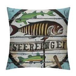 Fishing Throw Pillow Covers for Man Woman,Ocean Fish Pillow Covers ,Hook Fishing Cushion Covers,Vintage Wooden Plank Decorative Square Pillow Cases for Bedroom