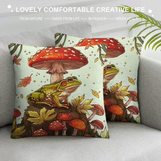 Frog Print Throw Pillow Cover Size,Kids Mushroom Cushion Cover Frog Mushrooms Decorative Pillow Cover,Botanica Cute Garden Plants Decor Accent Pillow Case,Green Red