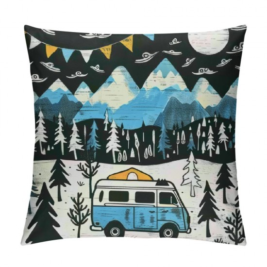 PHYHOO  Happy Camping Throw Pillow Covers  for Kids Man Woman,Sun and Moon Pillow Covers ,Camper Cushion Covers Soft,Jungle Tree Mountain Decorative Pillow Covers