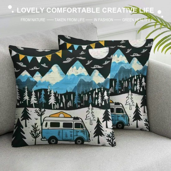 PHYHOO  Happy Camping Throw Pillow Covers  for Kids Man Woman,Sun and Moon Pillow Covers ,Camper Cushion Covers Soft,Jungle Tree Mountain Decorative Pillow Covers