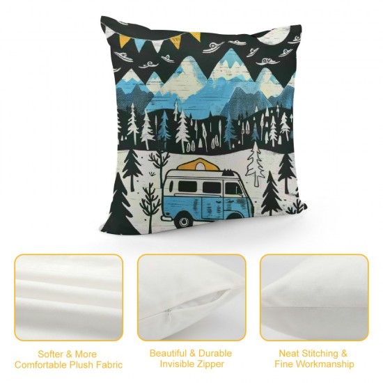 PHYHOO  Happy Camping Throw Pillow Covers  for Kids Man Woman,Sun and Moon Pillow Covers ,Camper Cushion Covers Soft,Jungle Tree Mountain Decorative Pillow Covers