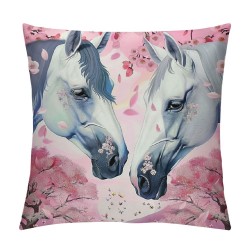 PHYHOO  White Horse Soft Pillow Covers ,Spring Pink Cherry Blossom Throw Pillow Covers for Kids Girl,Floral Flowers Cushion Covers,Cute Horse Printed Decorative Pillow Covers,Pink