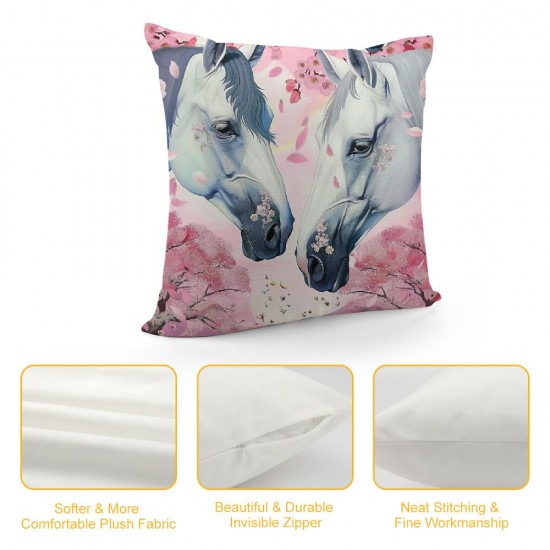 PHYHOO  White Horse Soft Pillow Covers ,Spring Pink Cherry Blossom Throw Pillow Covers for Kids Girl,Floral Flowers Cushion Covers,Cute Horse Printed Decorative Pillow Covers,Pink