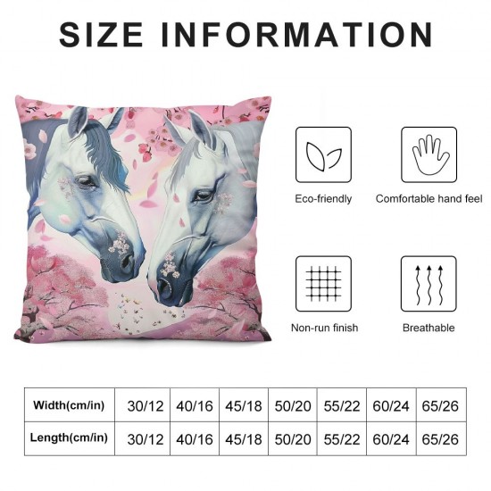 PHYHOO  White Horse Soft Pillow Covers ,Spring Pink Cherry Blossom Throw Pillow Covers for Kids Girl,Floral Flowers Cushion Covers,Cute Horse Printed Decorative Pillow Covers,Pink