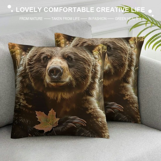 Kids Bear Pillow Covers For Kids Boys Girls Cute Brown Bear Throw Pillow Covers ,Funny Jungle Animal Cushion Cases Maple Leaf Tree Decorative Pillow Covers Reversible Soft