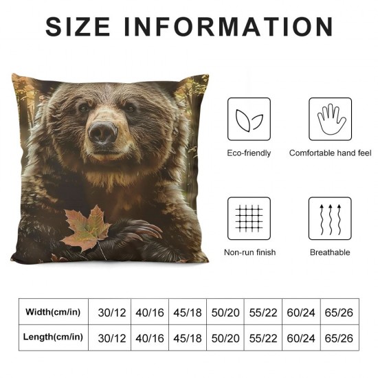 Kids Bear Pillow Covers For Kids Boys Girls Cute Brown Bear Throw Pillow Covers ,Funny Jungle Animal Cushion Cases Maple Leaf Tree Decorative Pillow Covers Reversible Soft